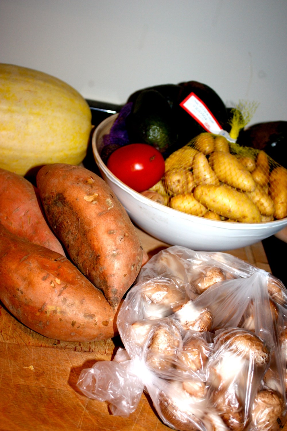 sweet potatoes, fingerling potatoes, 6 avocados, bella mushrooms