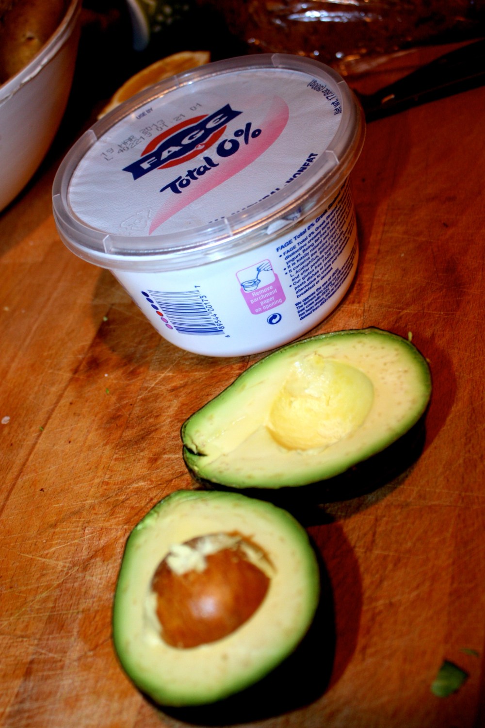 1 avacado + 1 cup greek yogurt (blended).